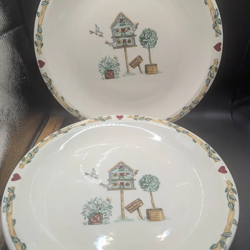 Set of 2 THOMSON POTTERY BIRDHOUSE 12" Chop Plates/ Round Serving Platters.