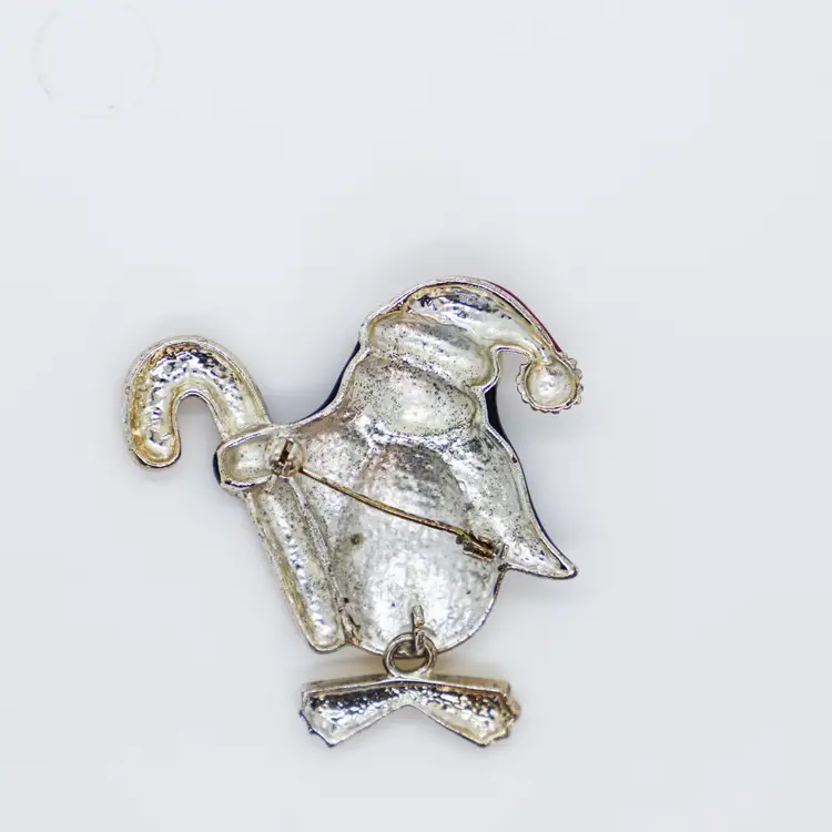 Christmas Penguin Brooch Pin Articulated Feet Candy Cane Enamel Silver Tone 1.5"L B25
