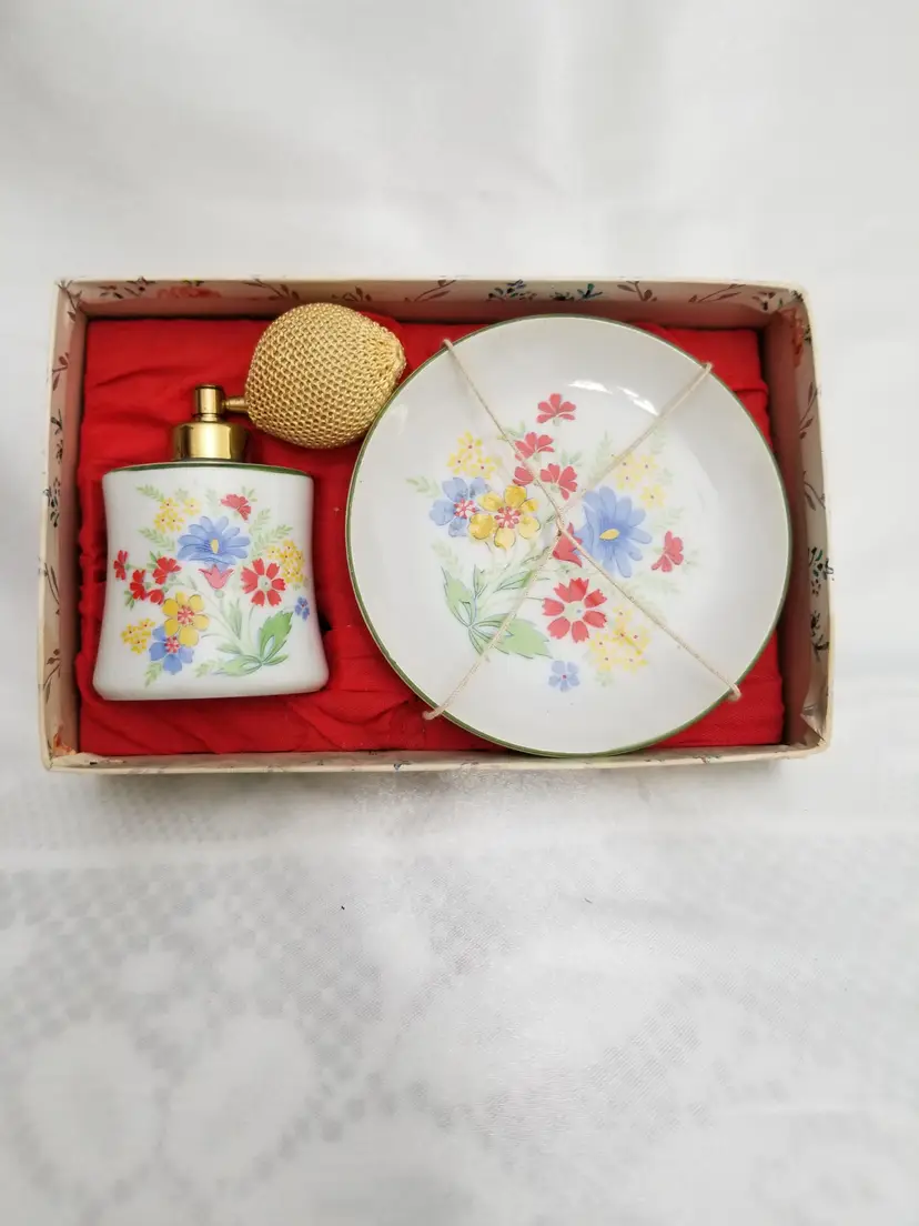 #106 Vintage Porcelain Perfume Atomizer & Trinket Dish Set