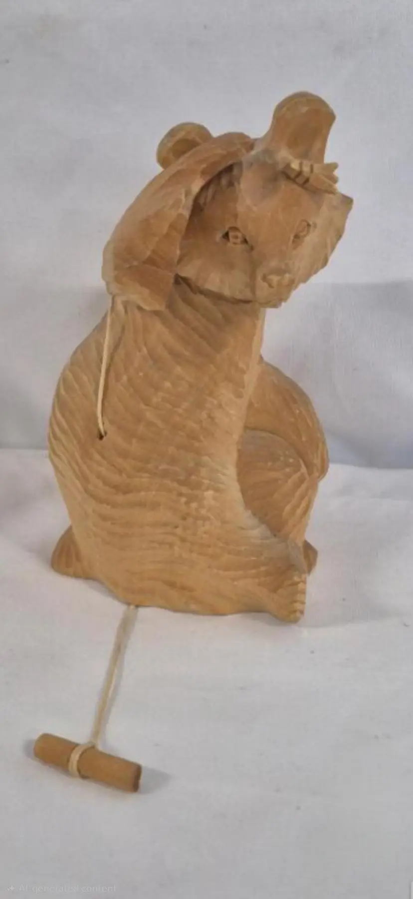 USSR Hand-Carved Wooden Bear Pull-String Automaton, 6.5" Tall, Movable Arm Folk Art Figure