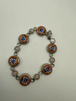 Vintage Micro Mosaic Multi Colored Floral Bracelet Silver Tone