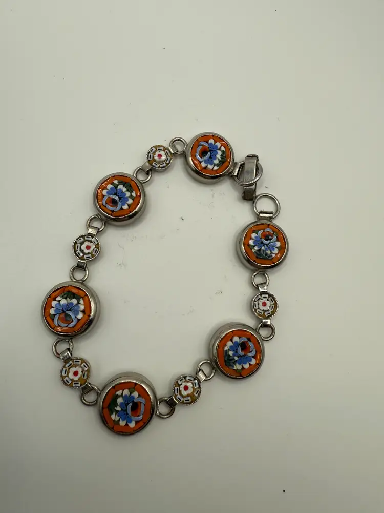 Vintage Micro Mosaic Multi Colored Floral Bracelet Silver Tone