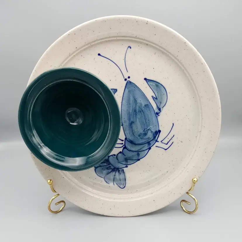 #094 Great Bay Pottery Lobster Plate With Attached Butter Bowl, Handmade U.S.A.