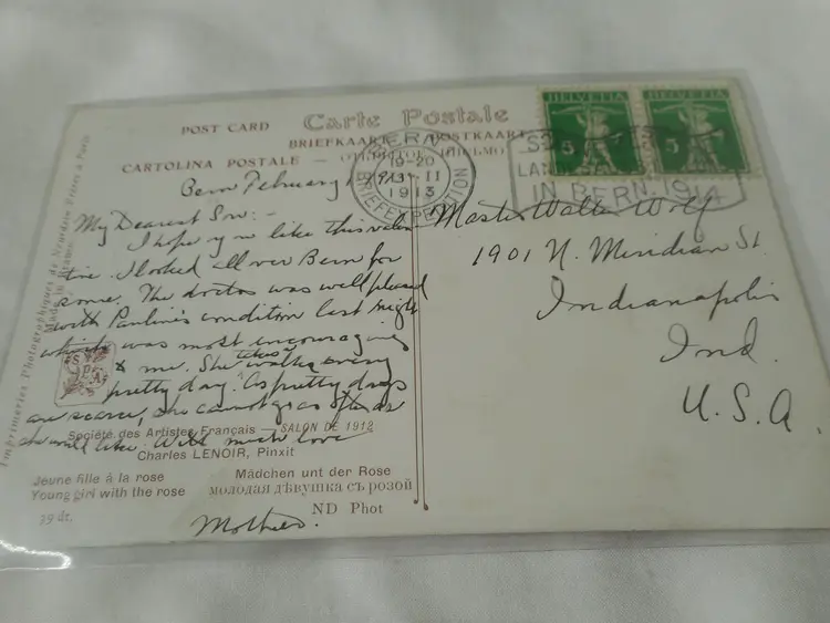 Vintage Postcard 1913 posted w/ stamp Bern Switzerland Young girl with rose