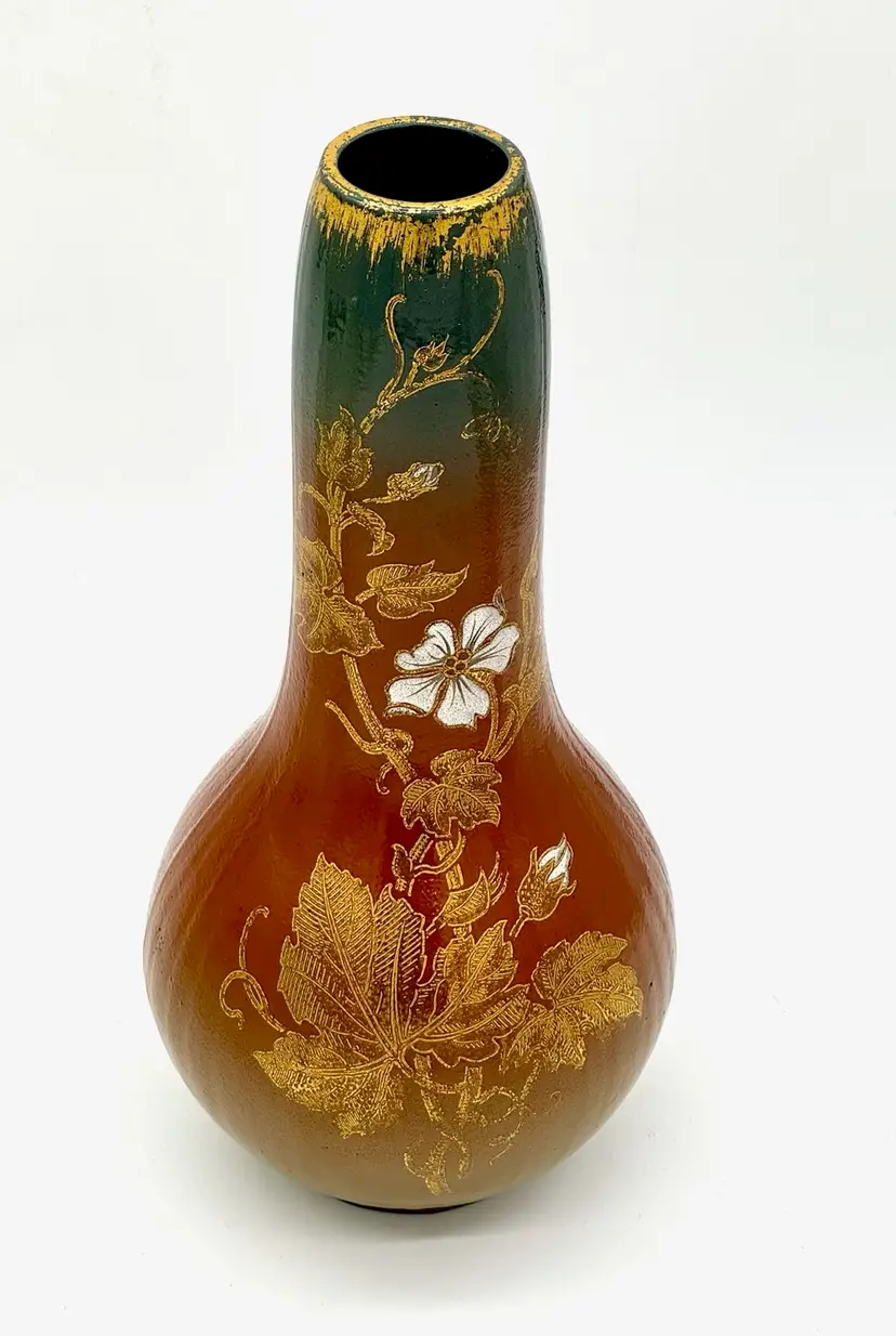 015.  Vase Rust Gold Ceramic Earthenware vase gilded floral decoration, finely enameled white highlights; Art Nouveau period; marked 11”H