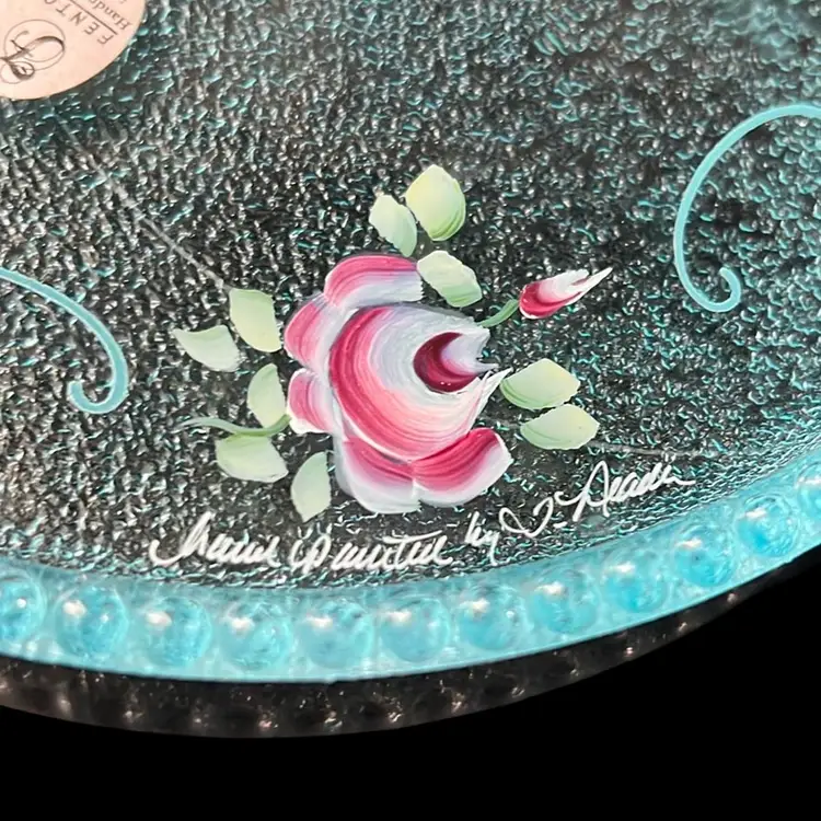 Fenton Class Blue Round Dresser Tray With Hand Painted Flowers Signed 6”