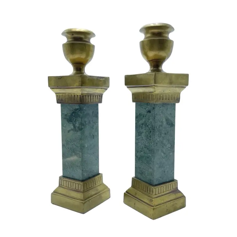 Hollywood Regency Style Set of 2 Green Marble Brass Candle Stick Holders