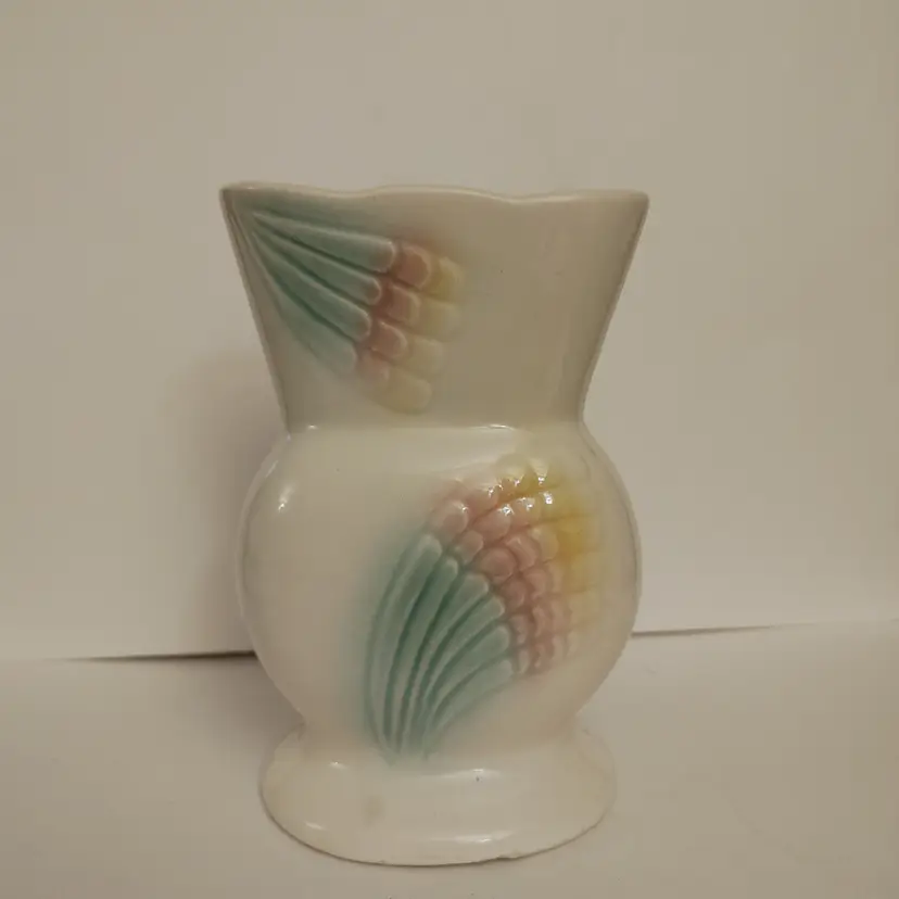 Robinson Ransbottom Pottery Vase with Pastel Rainbow Wings. Roseville, OH. 2 small chips. See pics. 6 inches high.