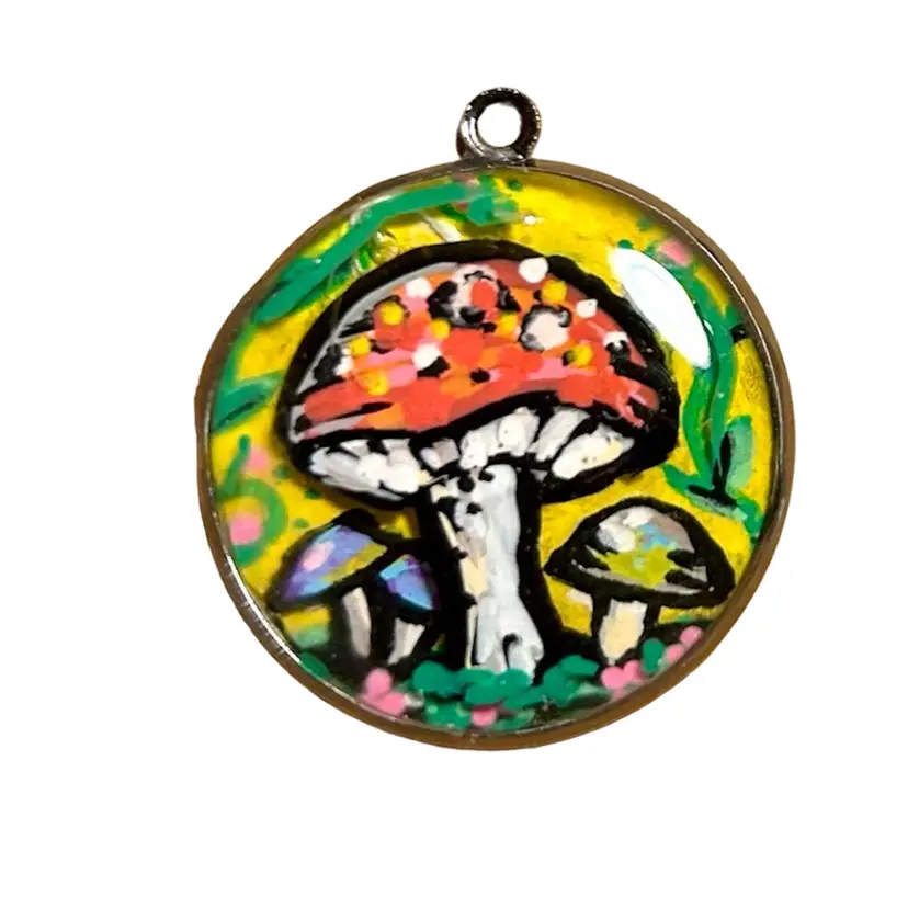 Made By Me, Hand Painted Layered Resin Art Pendant, Mushrooms