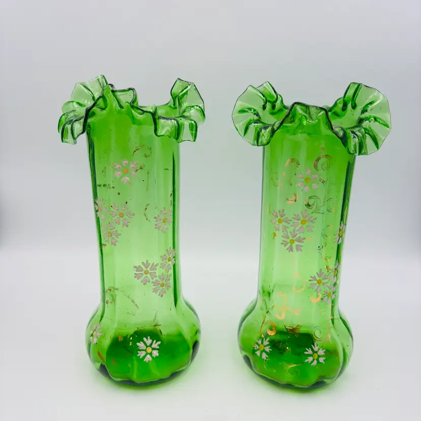Victorian Enamel Hand Blown Green Glass Vases Enamel Floral Bohemian Pair