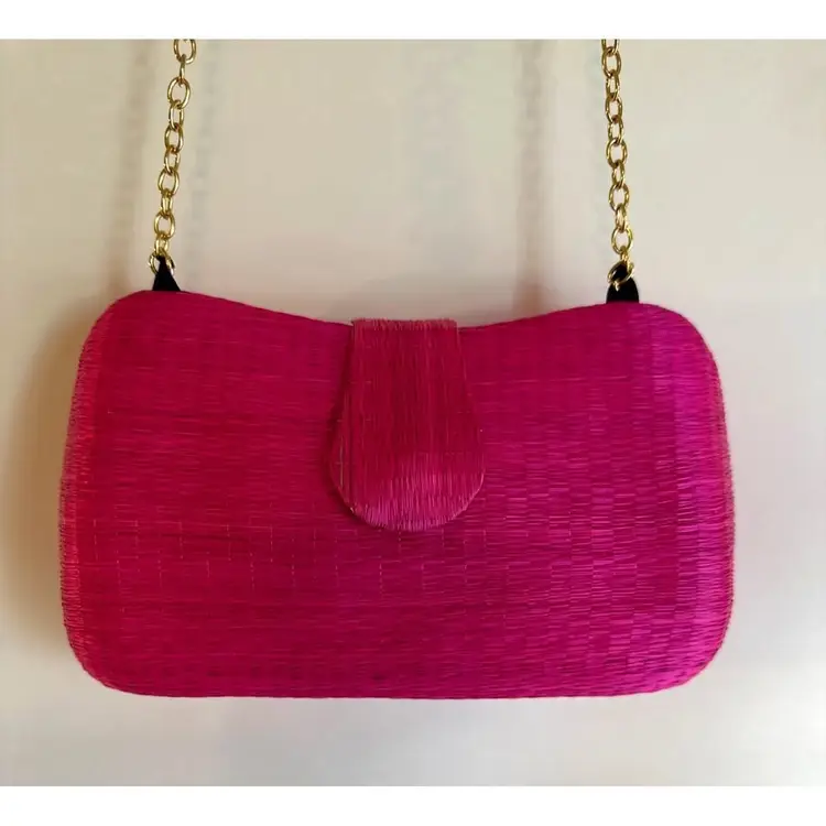 Vintage Handbag Pink Woven Straw Clutch With Gold Chain Strap Lined Purse
