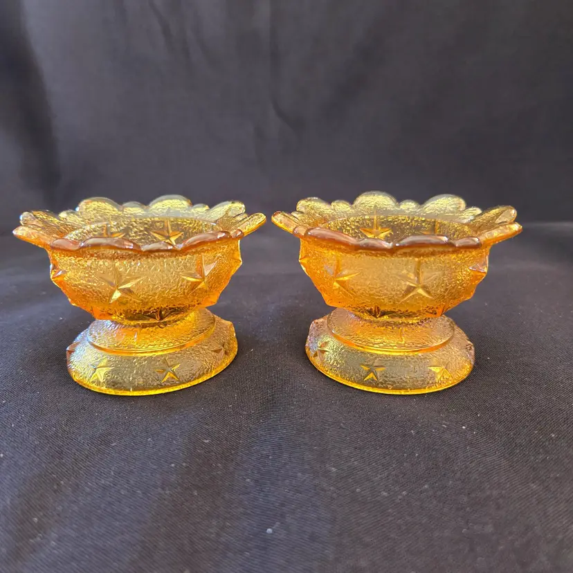 Amber Glass Salt Cellars Mosser Stipple Star Pattern Set Of 2 Vintage 3" Diameter