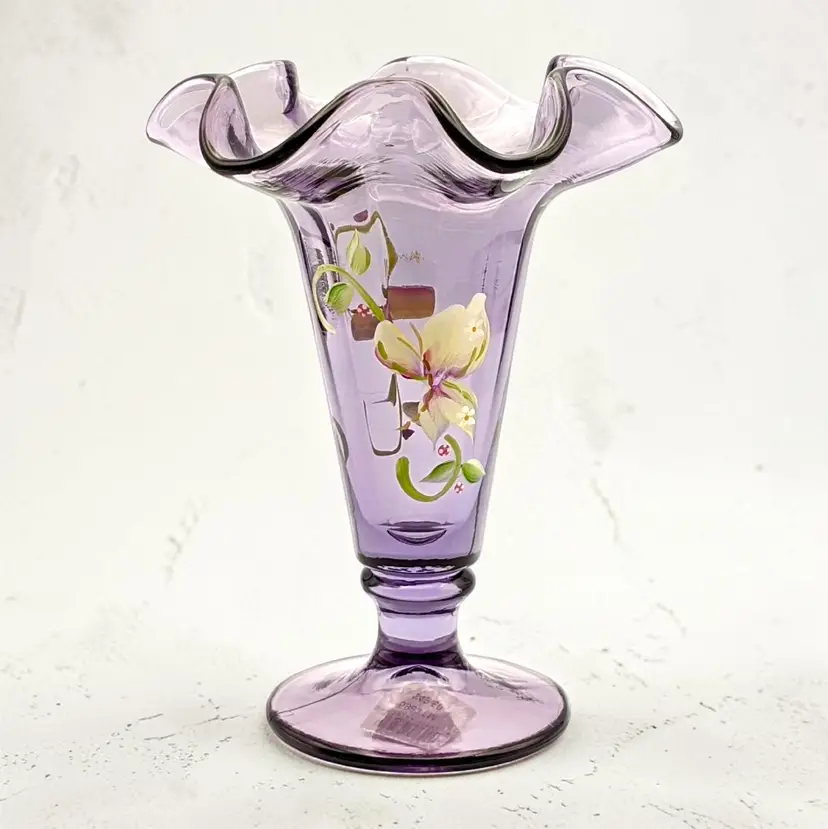 Fenton Purple Crimped Vase Handpainted Flowers by A. Deem 5983EM for McKee Glass