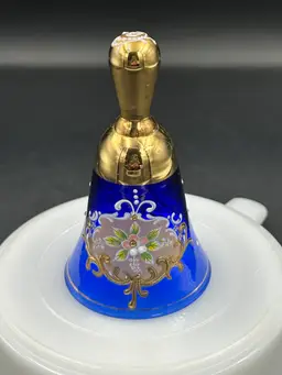Vintage Cobalt, Blue Glass And Gold Hand Painted Floral Bell