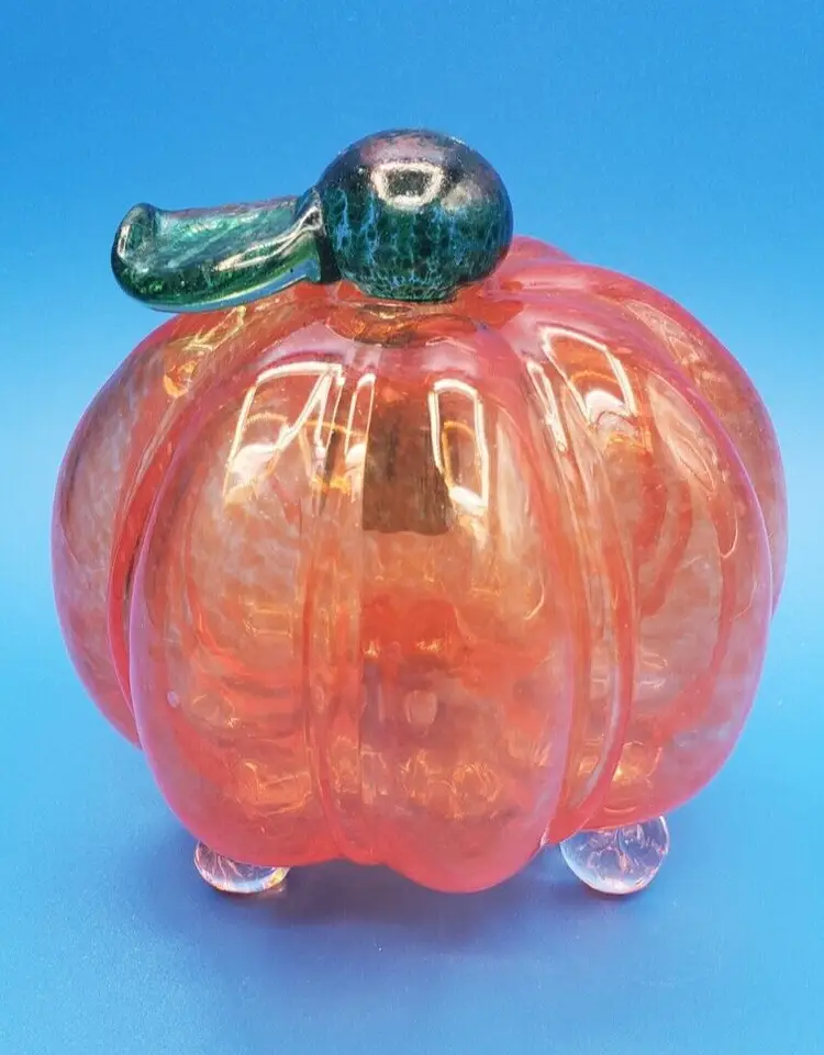 Vintage Iridescent Handblown Art Glass Miniature Pumpkin Orange Stem Removes