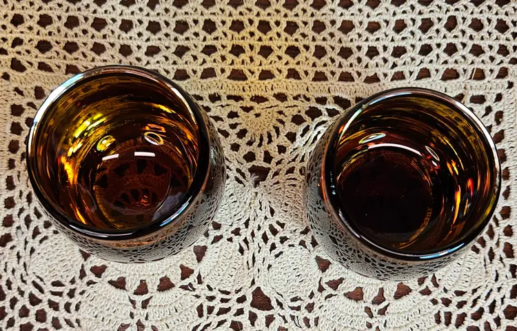 Set of 2 Crate & Barrel Diva Amber Glass Candle Holders or Whiskey Tumblers