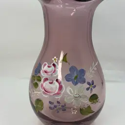 Purple Blown Vase With Painted Flowers, Some Paint Wear