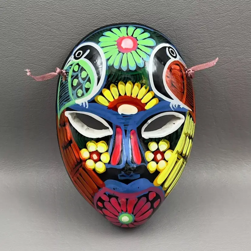 Mexican Folk Art Pottery Small Mask 4.5" Wall Art Black Floral Green Flower Glows