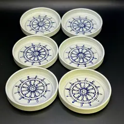 Set Of 6 Nautical Metal Coasters Individual Ashtrays 3” White & Blue Ships Wheels