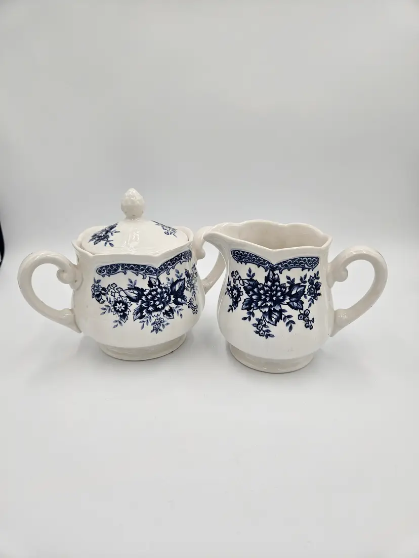 #C71 Blue Carnation Ironstone Made in Japan #3245 Sugar and Creamer