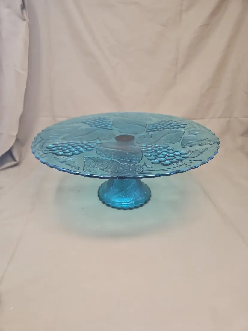 L.E. Smith Teal Grape Clusters And Leaves Cake Stand 12 1/2” Diameter