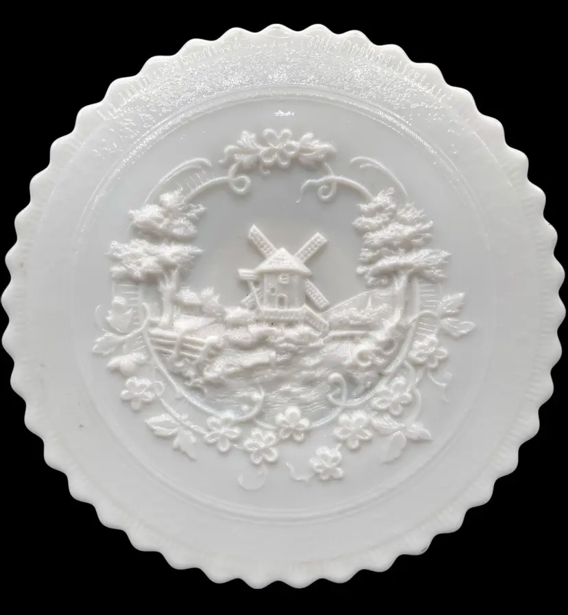 Vintage Imperial Glass Windmill Scene Footed Plate White Scalloped Floral 9.25”