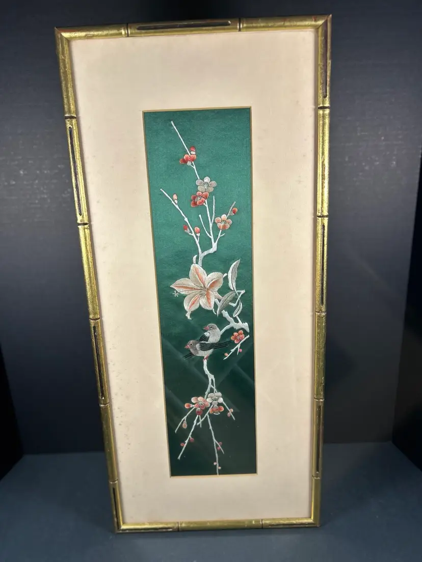 Vintage Chinese silk embroidery panel dark green bird on full branch 23.5 inches