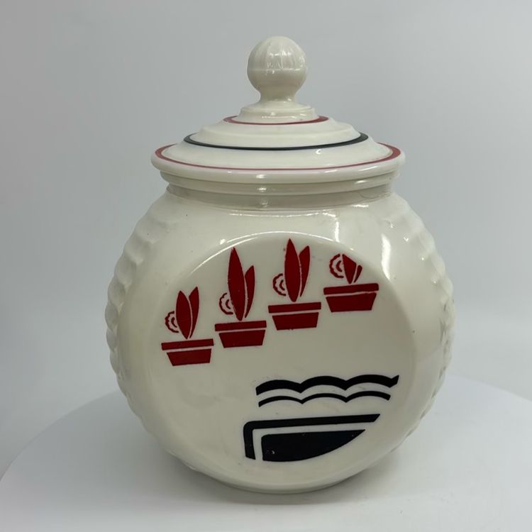 Vtg 1940s Fire King Vitrock Milk Glass Grease Jar 6.5” Glows
