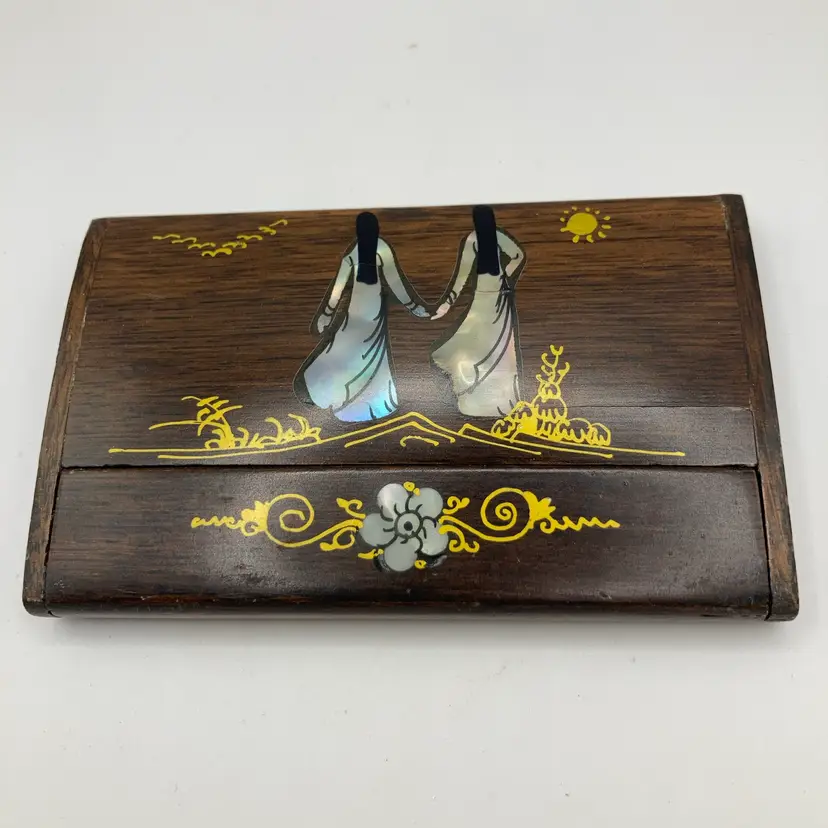 Beautiful Wood And Inlay Business Card Holder! 4”x2 1/2”!