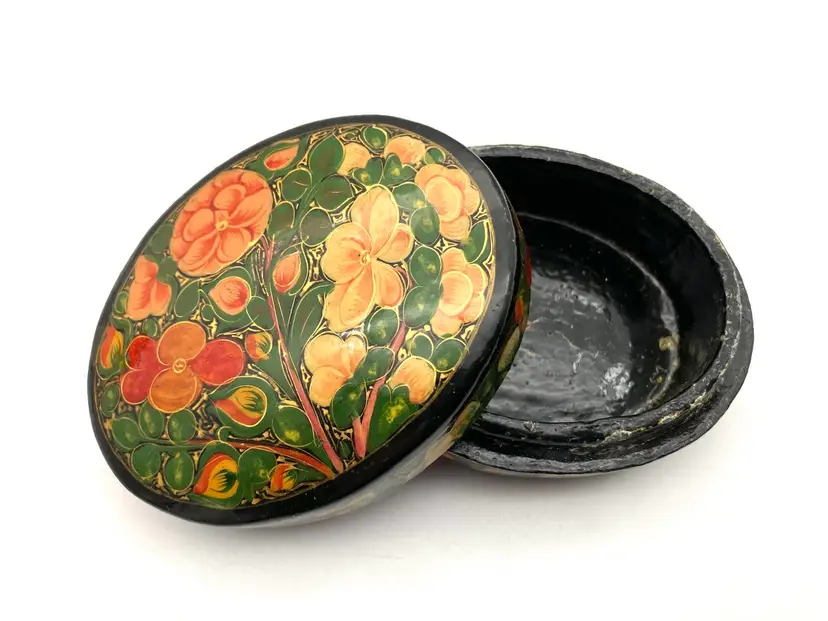 BIN - Kashmir Papier Mache Floral Oval Lacquer Trinket Box