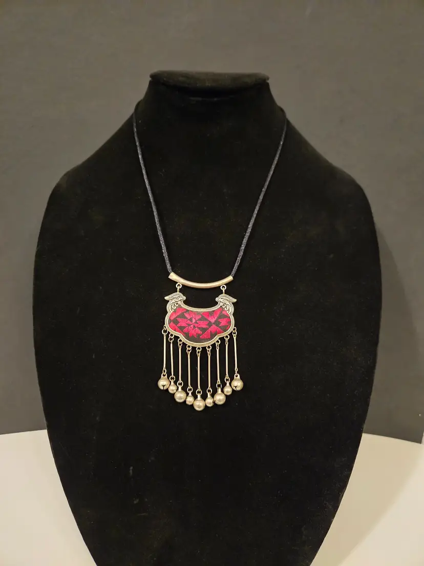 Boho Silvertone And Red & Black Stitched Fabric Necklace