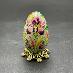 Wooden Hand Painted Egg on Metal Stand Floral Iris Spring Easter Holiday VTG