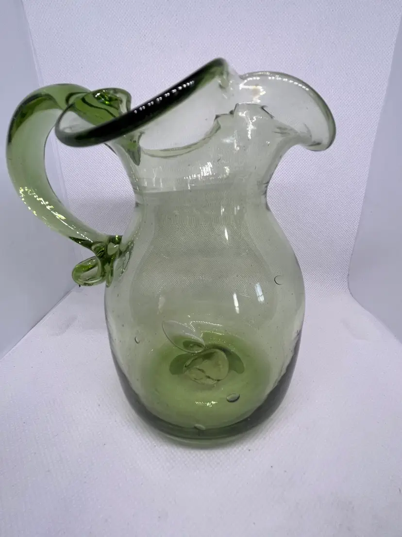 Vtg Hand Blown 5” Green Art Glass Pitcher With Applied Handles And Bubbles