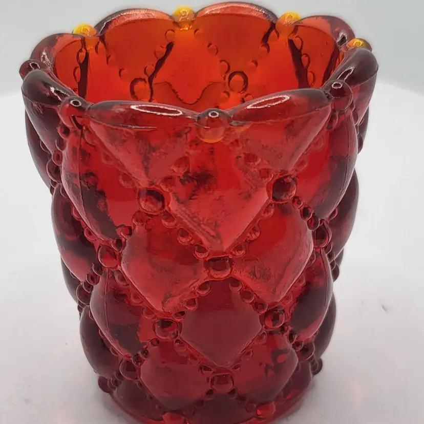 Vintage Red Diamond Pattern Glass votive holder by Brooke Glass Co. 2 1/2" UV  reactive