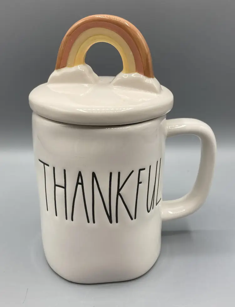 Rae Dunn "Thankful" Mug with Rainbow Lid