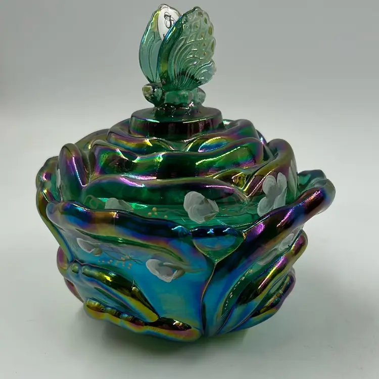 Vintage Hand painted Fenton  Aqua Carnival Glass Candy Dish With A Butterfly On The Lid.  5” T 5”w