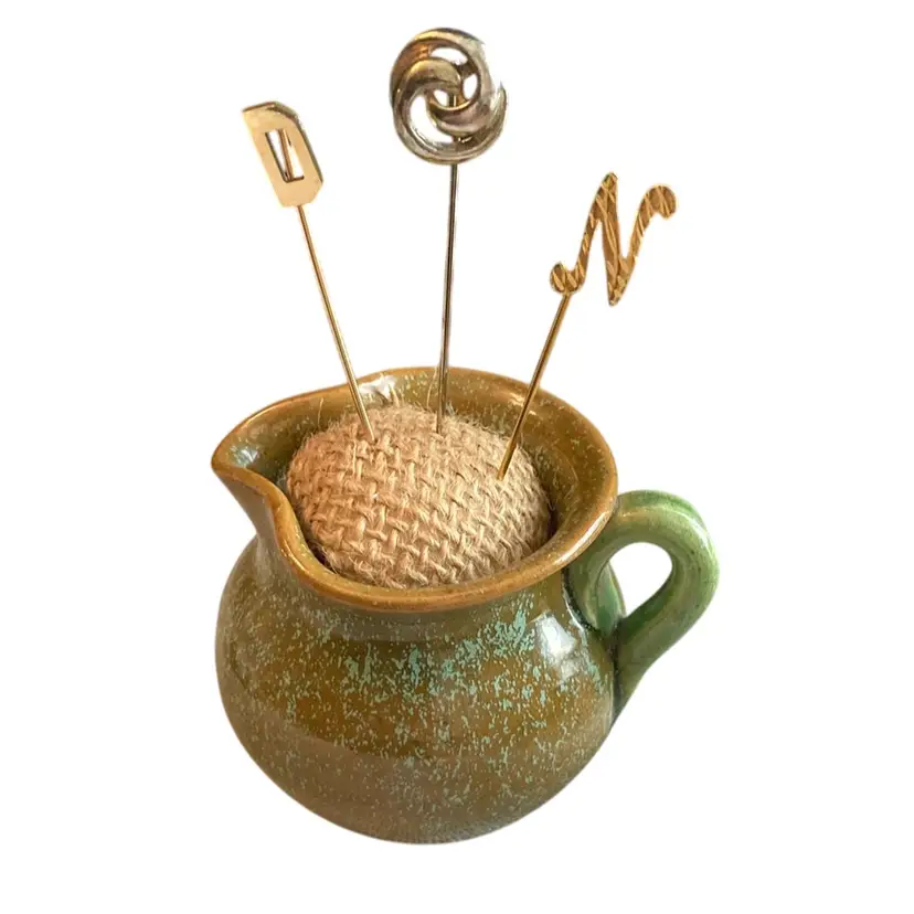 Small Green Pottery Pitcher With Three Hat Pins