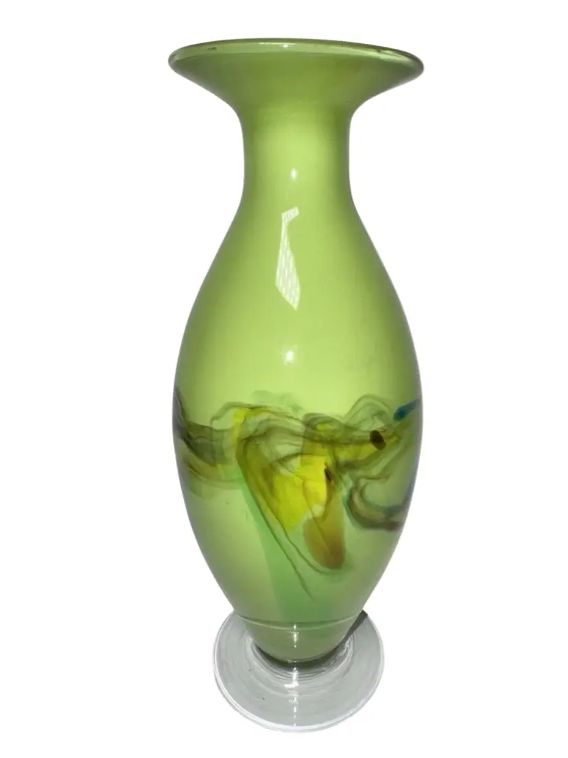 Brilliant Green, Blue & Yellow Swirled Glass Vase Unmarked