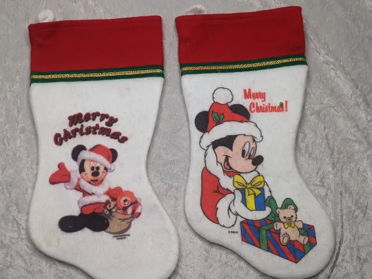 2 Disney Mickey Mouse Vintage Stocking Christmas Santa Retro 80’s Kids White Red Gold trim 14in