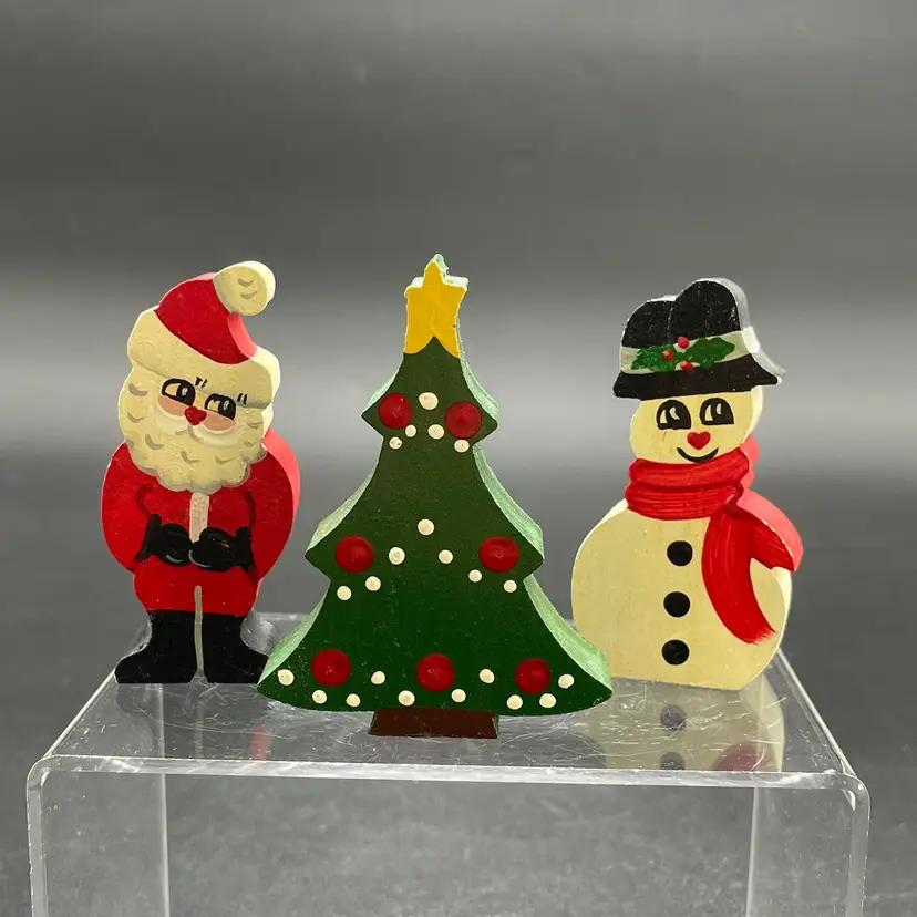 Wooden Folk Art Tole Painted Santa Snowman Christmas Tree Vintage Set of 3