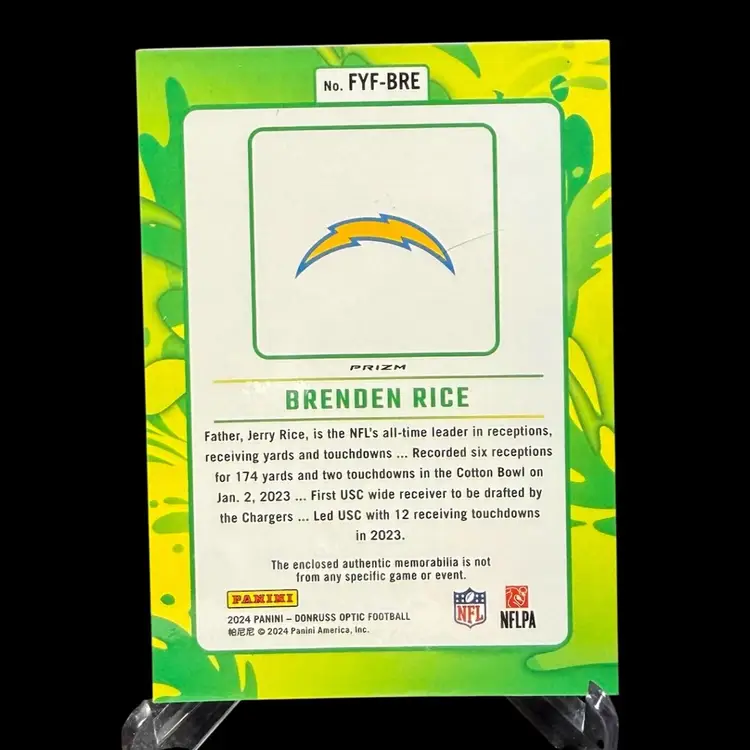 Brenden Rice 2024 Donruss Optic First Year Fresh #FYF-BRE Green Prizm Chargers