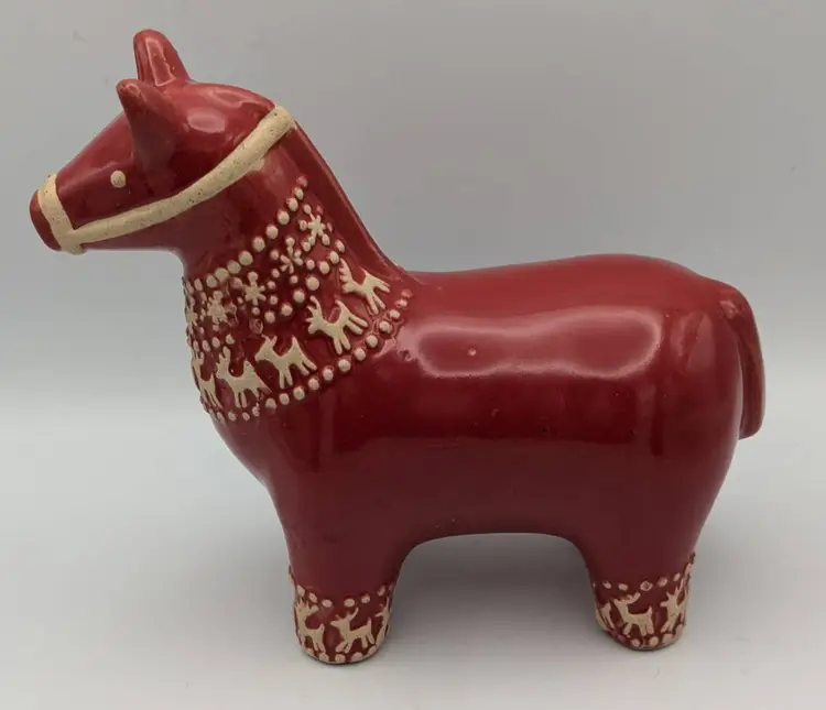 Vintage Red Ceramic Dala Horse Figurine Red And Cream Colored