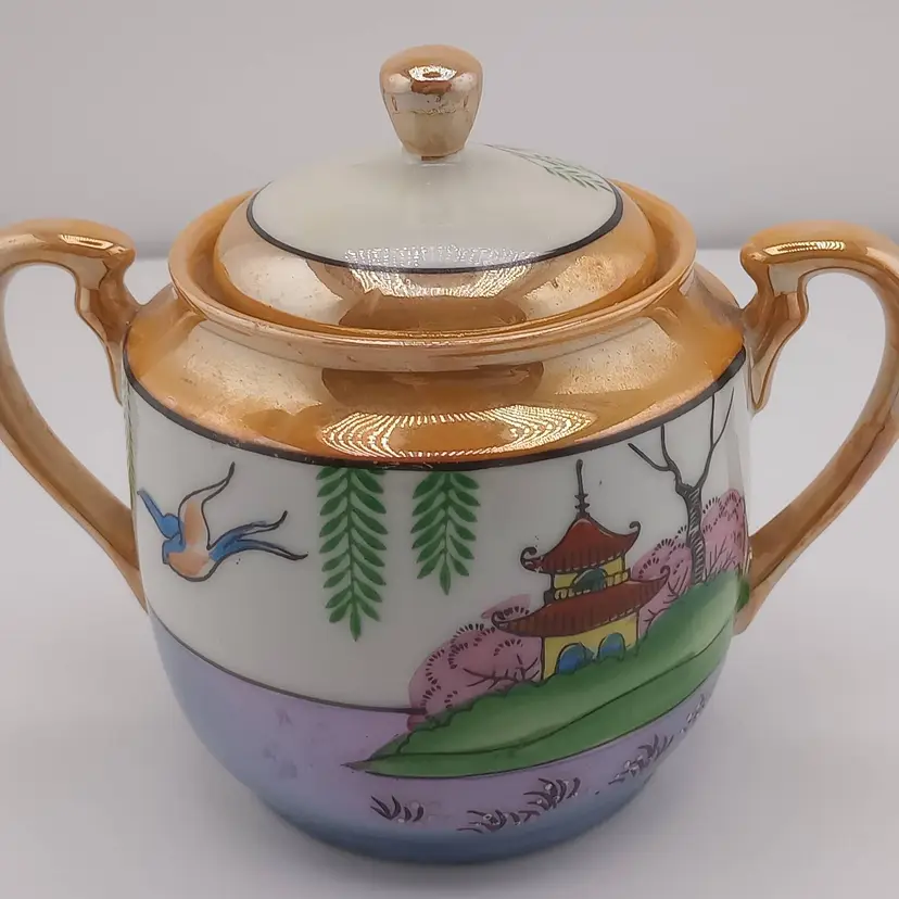 Hand-painted Japanese lusterware sugar bowl