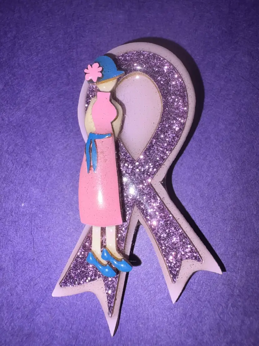 LUCINDA Cancer Awareness Pin ~ Purple Ribbon For Pancreatic Cancer Awareness With A Beautiful Lady In Gold And A Dove
