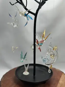 Art Glass Hummingbirds With Metal Tree Display Stand 10 + 2 Standing