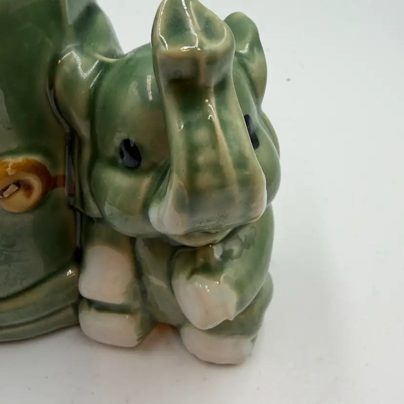Vintage Majolica Lucky Elephant Green Ceramic Bamboo Planter Vase