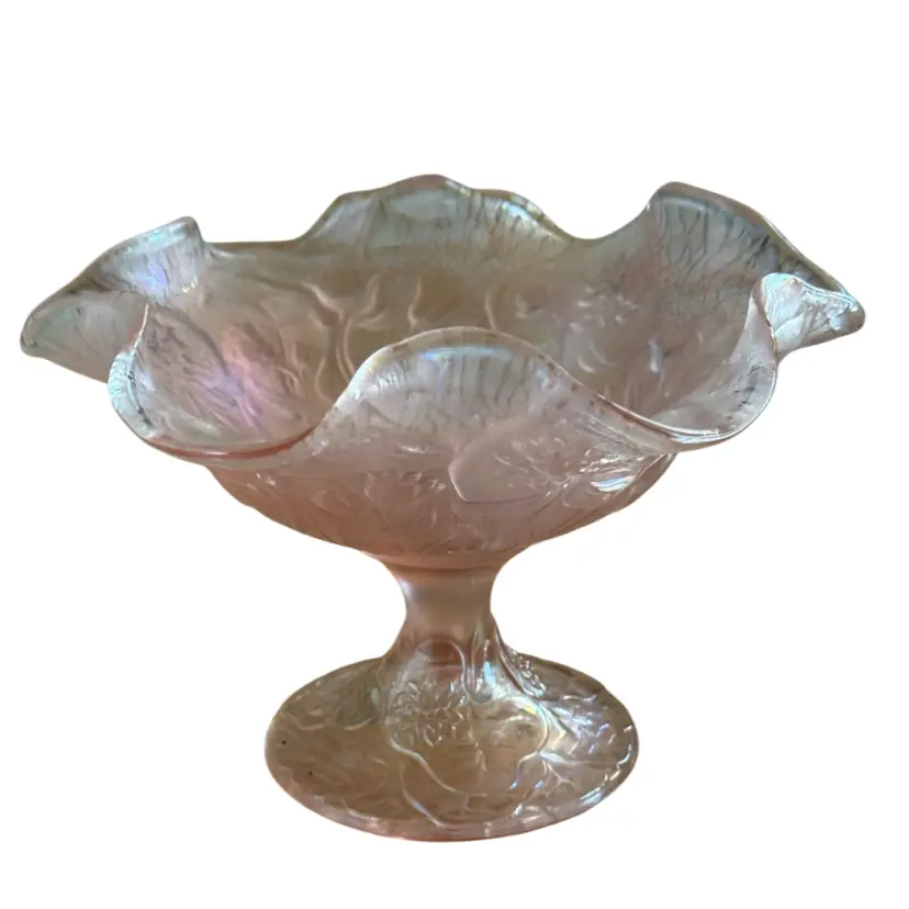 Fenton Stretch Art Glass Pink Opalescent Water Lily Pedestal Candy Dish 5 x 7 in