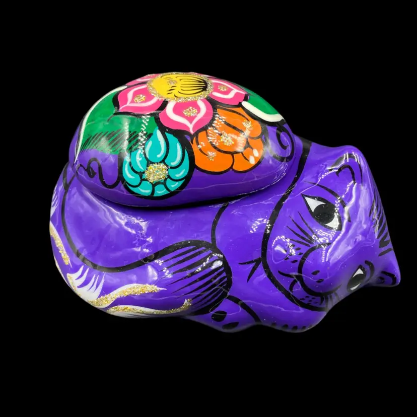 BIN - Talavera Mexico Purple Lying Cat Trinket Box With Sparkle