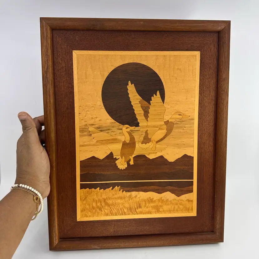 Handmade American Marquetry Wood Inlay Mallard Ducks In Flight Wall Framed