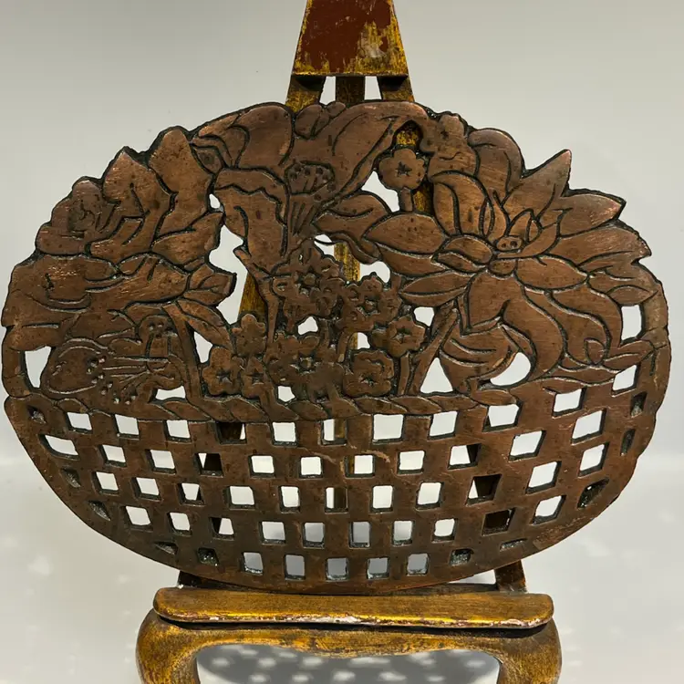 Old Dutch Design Copper Finished Cast Iron Footed Trivet 1983 - Floral Basket - Vintage 8.5x 6.5” Wall Decor Ready To Hang